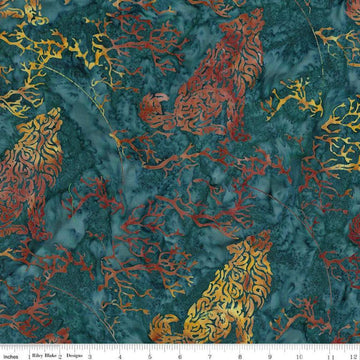 Image of Expressions Batiks Places You'll Go Western Reflections Spilled Tea quilting cotton fabric by The RBD Designers for Riley Blake Designs. Features animals on a blue background. Cute Little Fabric Shop