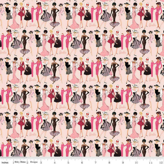 Image of Barbie™ Vintage Fashion Blush quilting cotton fabric by Official Licensed Product for Riley Blake Designs. Features dresses on a pink background. Cute Little Fabric Shop