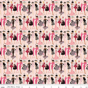 Image of Barbie™ Vintage Fashion Blush quilting cotton fabric by Official Licensed Product for Riley Blake Designs. Features dresses on a pink background. Cute Little Fabric Shop
