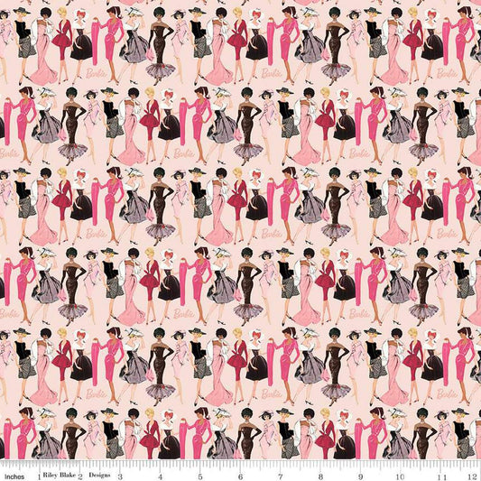 Image of Barbie™ Vintage Fashion Blush quilting cotton fabric by Official Licensed Product for Riley Blake Designs. Features dresses on a pink background. Cute Little Fabric Shop