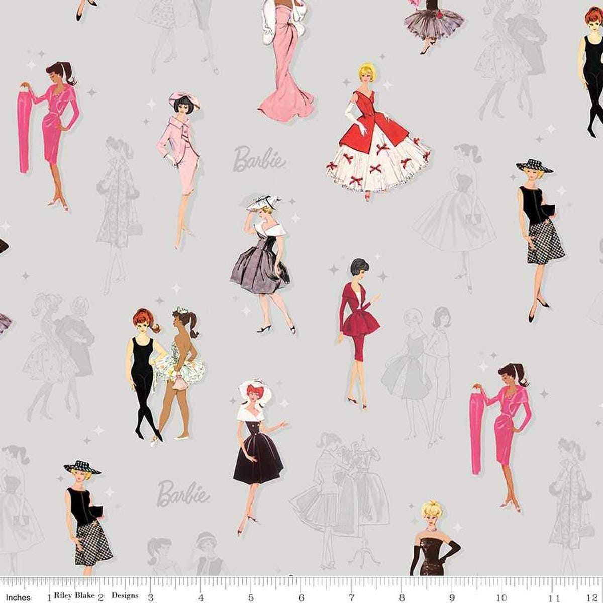 Image of Barbie™ Vintage Main Gray quilting cotton fabric by Official Licensed Product for Riley Blake Designs. Features dresses on a gray background. Cute Little Fabric Shop