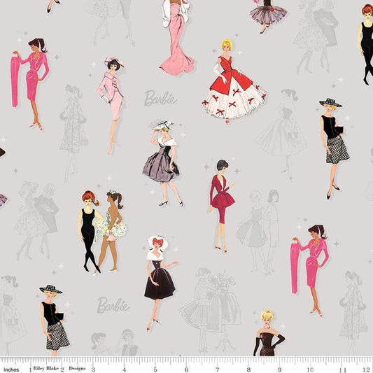 Image of Barbie™ Vintage Main Gray quilting cotton fabric by Official Licensed Product for Riley Blake Designs. Features dresses on a gray background. Cute Little Fabric Shop