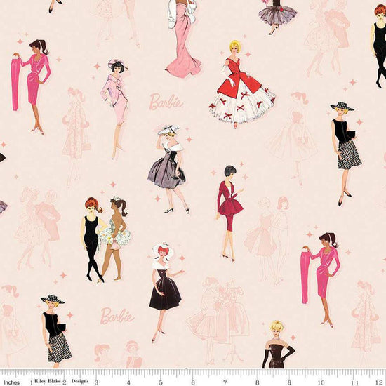 Image of Barbie™ Vintage Main Blush quilting cotton fabric by Official Licensed Product for Riley Blake Designs. Features dresses on a pink background. Cute Little Fabric Shop