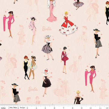 Image of Barbie™ Vintage Main Blush quilting cotton fabric by Official Licensed Product for Riley Blake Designs. Features dresses on a pink background. Cute Little Fabric Shop