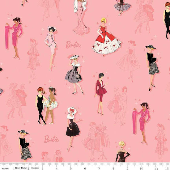 Image of Barbie™ Vintage Main Pink quilting cotton fabric by Official Licensed Product for Riley Blake Designs. Features dresses on a pink background. Cute Little Fabric Shop