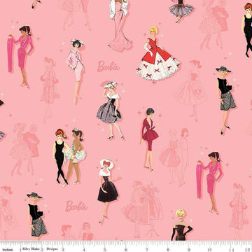 Image of Barbie™ Vintage Main Pink quilting cotton fabric by Official Licensed Product for Riley Blake Designs. Features dresses on a pink background. Cute Little Fabric Shop