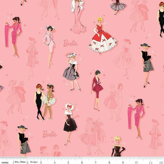 Image of Barbie™ Vintage Main Pink quilting cotton fabric by Official Licensed Product for Riley Blake Designs. Features dresses on a pink background. Cute Little Fabric Shop