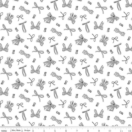 Image of Barbie™ Vintage Bows White quilting cotton fabric by Official Licensed Product for Riley Blake Designs. Features bows on a white background. Cute Little Fabric Shop