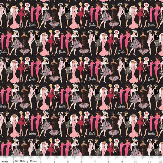 Image of Barbie™ Vintage Fashion Black quilting cotton fabric by Official Licensed Product for Riley Blake Designs. Features dresses on a black background. Cute Little Fabric Shop