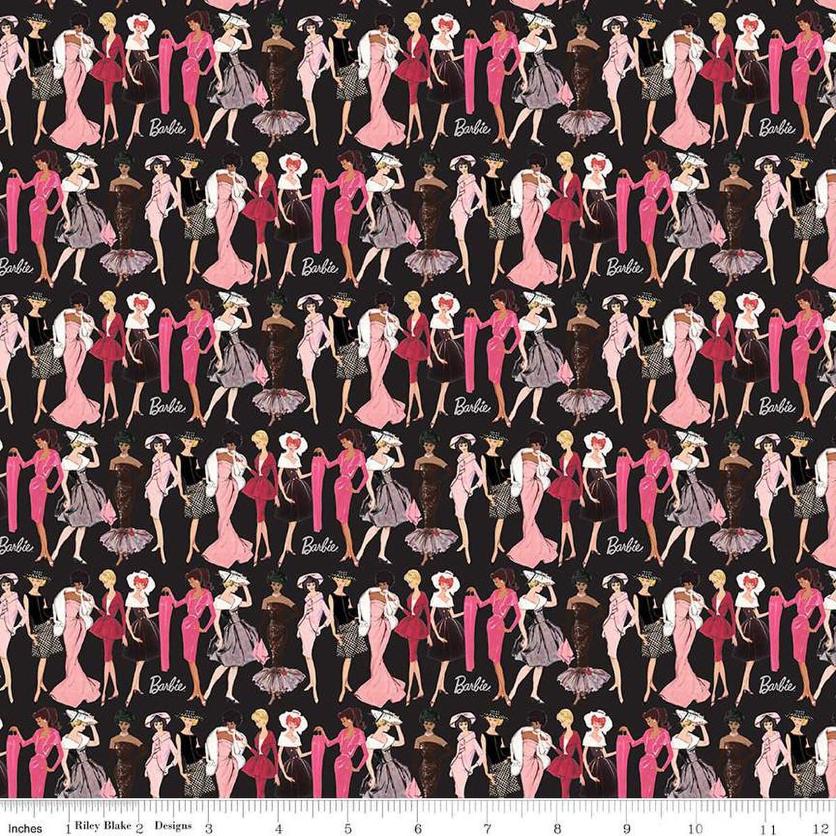Image of Barbie™ Vintage Fashion Black quilting cotton fabric by Official Licensed Product for Riley Blake Designs. Features dresses on a black background. Cute Little Fabric Shop
