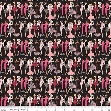 Image of Barbie™ Vintage Fashion Black quilting cotton fabric by Official Licensed Product for Riley Blake Designs. Features dresses on a black background. Cute Little Fabric Shop