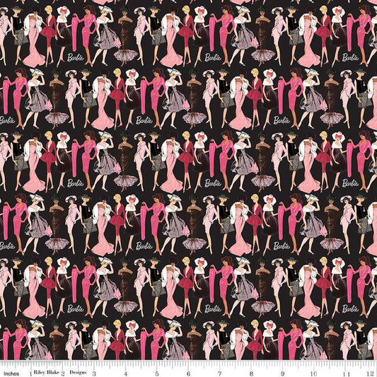 Image of Barbie™ Vintage Fashion Black quilting cotton fabric by Official Licensed Product for Riley Blake Designs. Features dresses on a black background. Cute Little Fabric Shop