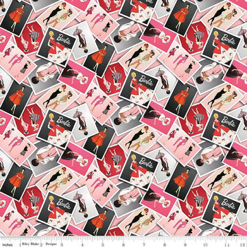 Image of Barbie™ Vintage Photos Pink quilting cotton fabric by Official Licensed Product for Riley Blake Designs. Features photos on a pink background. Cute Little Fabric Shop