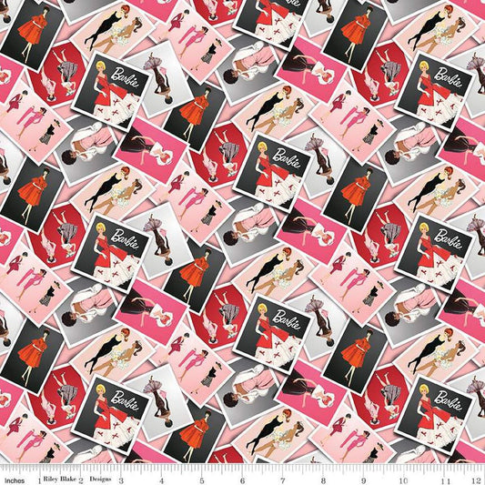Image of Barbie™ Vintage Photos Pink quilting cotton fabric by Official Licensed Product for Riley Blake Designs. Features photos on a pink background. Cute Little Fabric Shop