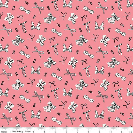 Image of Barbie™ Vintage Bows Pink quilting cotton fabric by Official Licensed Product for Riley Blake Designs. Features bows on a pink background. Cute Little Fabric Shop