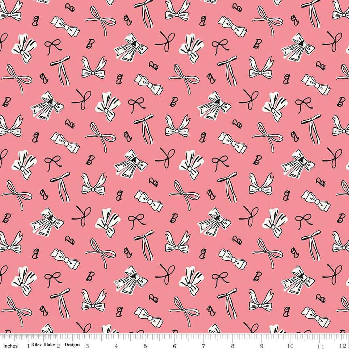 Image of Barbie™ Vintage Bows Pink quilting cotton fabric by Official Licensed Product for Riley Blake Designs. Features bows on a pink background. Cute Little Fabric Shop