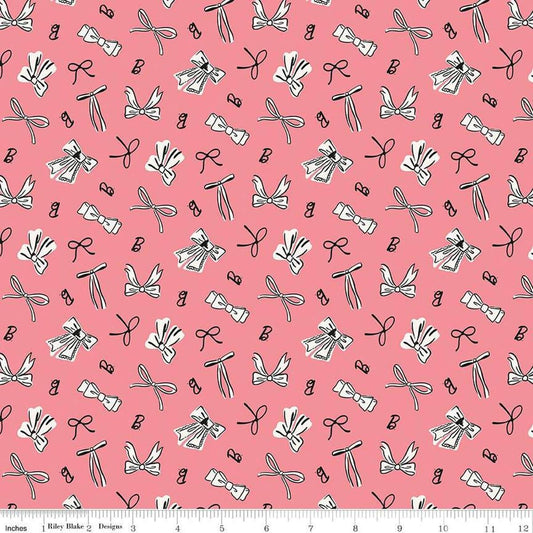 Image of Barbie™ Vintage Bows Pink quilting cotton fabric by Official Licensed Product for Riley Blake Designs. Features bows on a pink background. Cute Little Fabric Shop