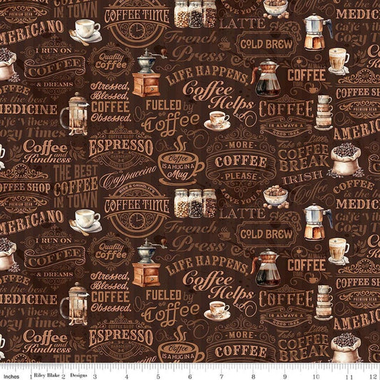 Image of Coffee Time Text Brown quilting cotton fabric by The RBD Designers for Riley Blake Designs. Features text on a brown background. Cute Little Fabric Shop