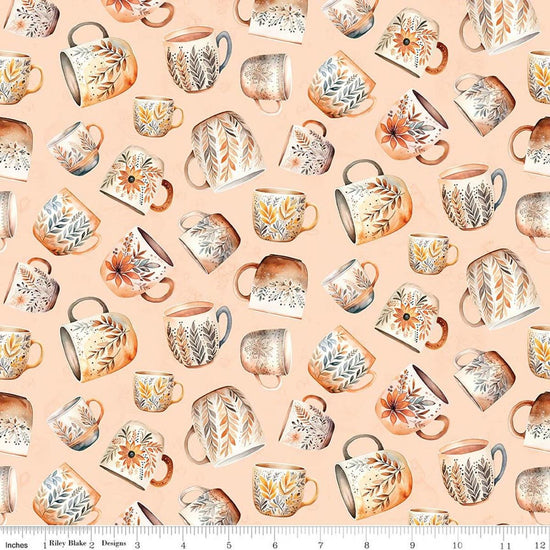 Image of Coffee Time Coffee Mugs Shell quilting cotton fabric by The RBD Designers for Riley Blake Designs. Features cups on an orange background. Cute Little Fabric Shop
