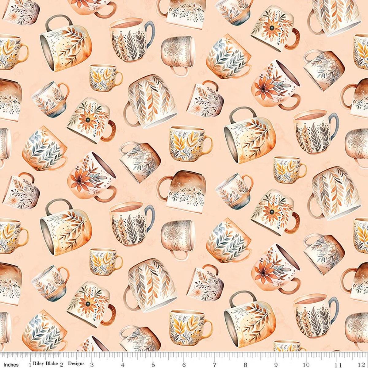 Image of Coffee Time Coffee Mugs Shell quilting cotton fabric by The RBD Designers for Riley Blake Designs. Features cups on an orange background. Cute Little Fabric Shop
