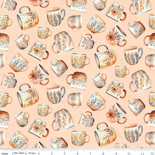 Image of Coffee Time Coffee Mugs Shell quilting cotton fabric by The RBD Designers for Riley Blake Designs. Features cups on an orange background. Cute Little Fabric Shop