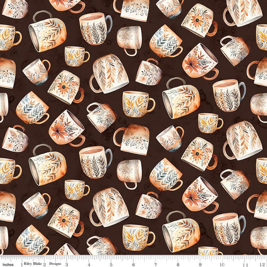 Image of Coffee Time Coffee Mugs Brown quilting cotton fabric by The RBD Designers for Riley Blake Designs. Features cups on a brown background. Cute Little Fabric Shop