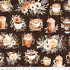 Image of Coffee Time Main Brown quilting cotton fabric by The RBD Designers for Riley Blake Designs. Features flowers on a brown background. Cute Little Fabric Shop