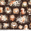 Image of Coffee Time Main Brown quilting cotton fabric by The RBD Designers for Riley Blake Designs. Features flowers on a brown background. Cute Little Fabric Shop