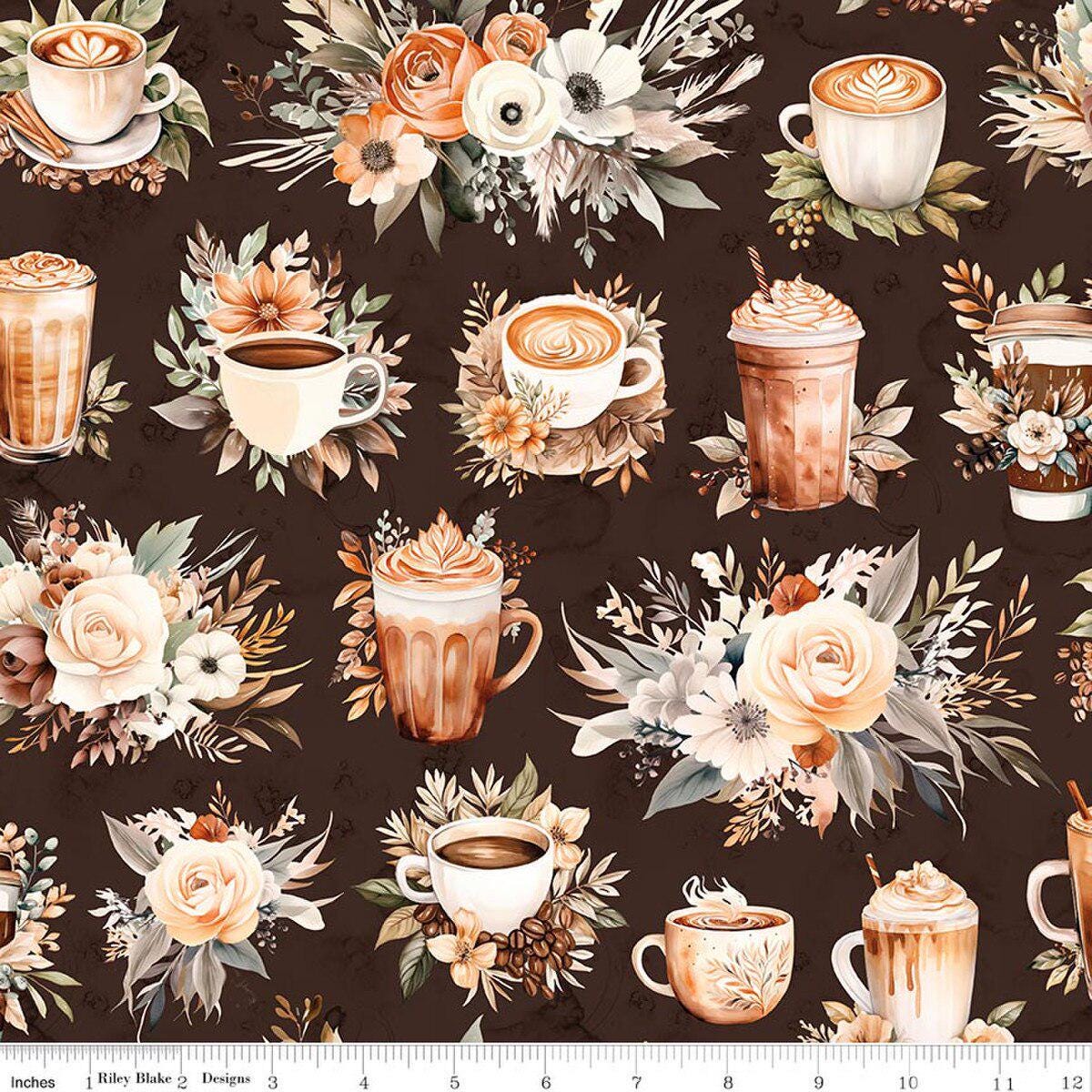 Image of Coffee Time Main Brown quilting cotton fabric by The RBD Designers for Riley Blake Designs. Features flowers on a brown background. Cute Little Fabric Shop