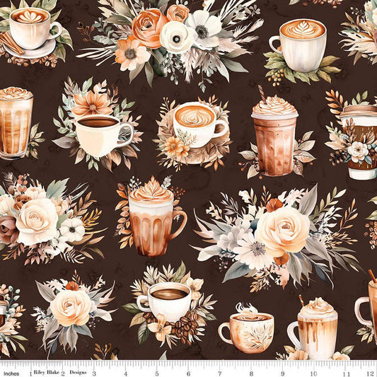 Image of Coffee Time Main Brown quilting cotton fabric by The RBD Designers for Riley Blake Designs. Features flowers on a brown background. Cute Little Fabric Shop