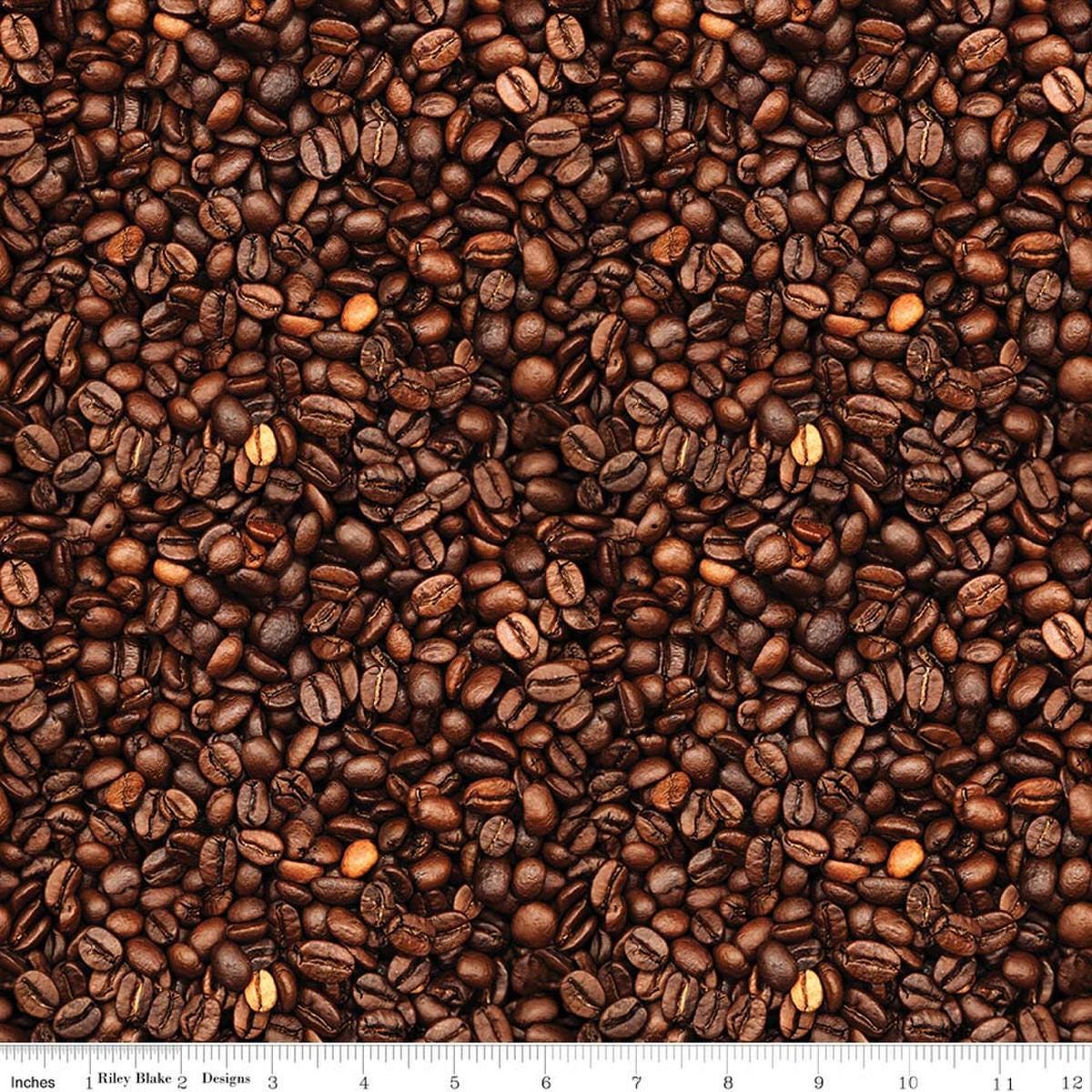 Image of Coffee Time Coffee Beans Brown quilting cotton fabric by The RBD Designers for Riley Blake Designs. Features beans on a brown background. Cute Little Fabric Shop