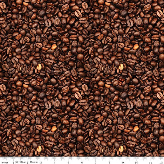 Image of Coffee Time Coffee Beans Brown quilting cotton fabric by The RBD Designers for Riley Blake Designs. Features beans on a brown background. Cute Little Fabric Shop