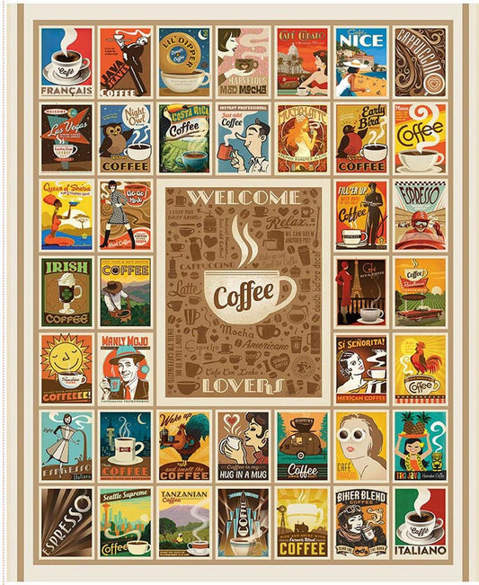 DEAL Coffee Time Welcome Coffee Lovers Panel DIGITALLY PRINTED Fabric - PD17137 - Riley Blake Quilting Cotton Fabric