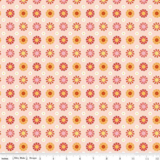 Image of Patchwork Dresden Peach quilting cotton fabric by Liza Taylor for Riley Blake Designs. Features Dresden on a pink background. Cute Little Fabric Shop