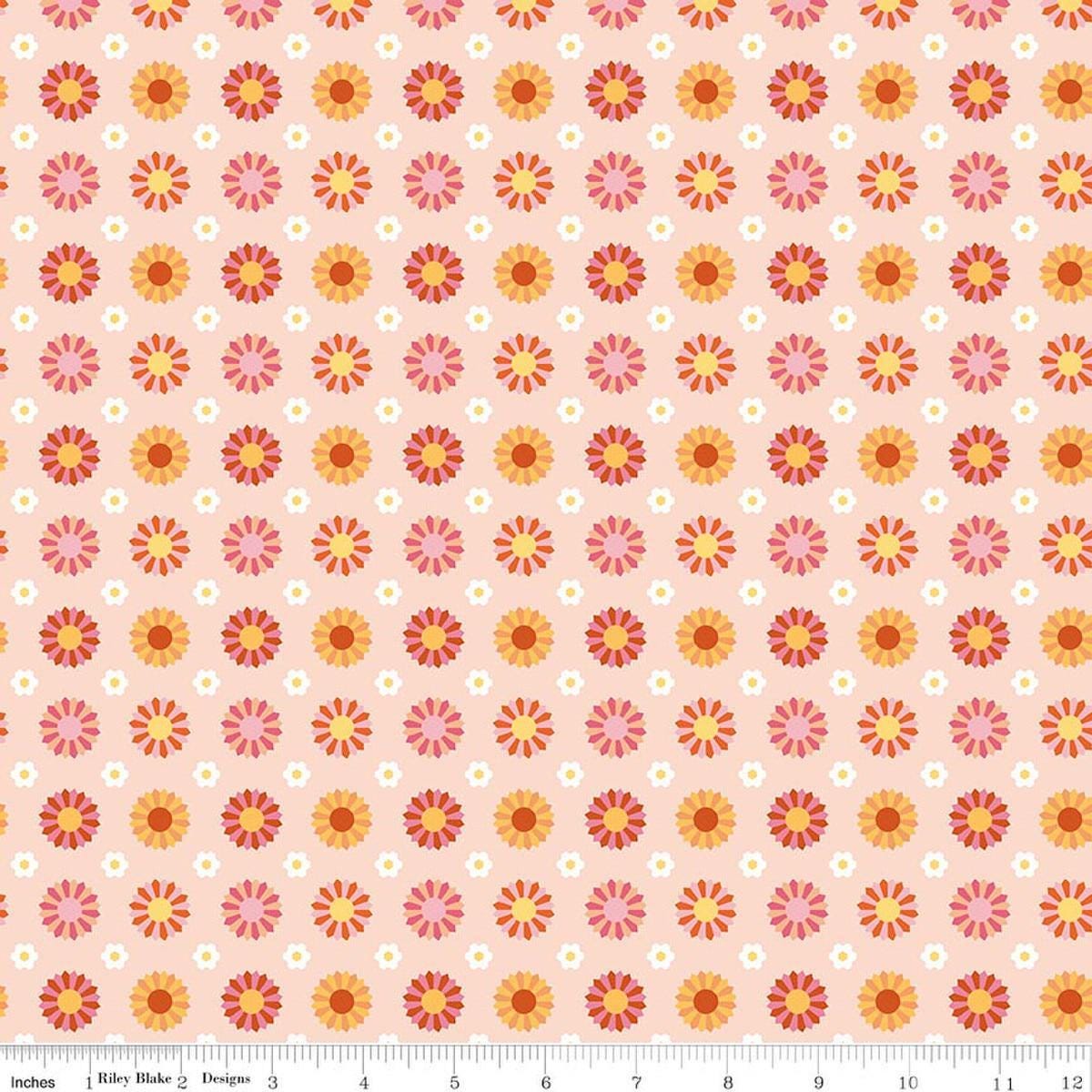 Image of Patchwork Dresden Peach quilting cotton fabric by Liza Taylor for Riley Blake Designs. Features Dresden on a pink background. Cute Little Fabric Shop
