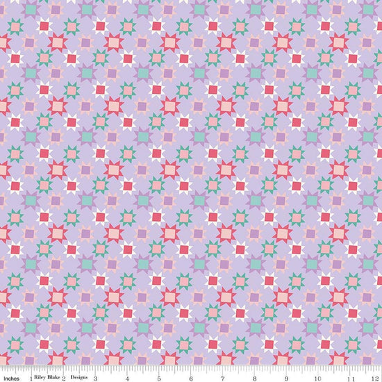 Image of Patchwork Stars Purple quilting cotton fabric by Liza Taylor for Riley Blake Designs. Features stars on a purple background. Cute Little Fabric Shop