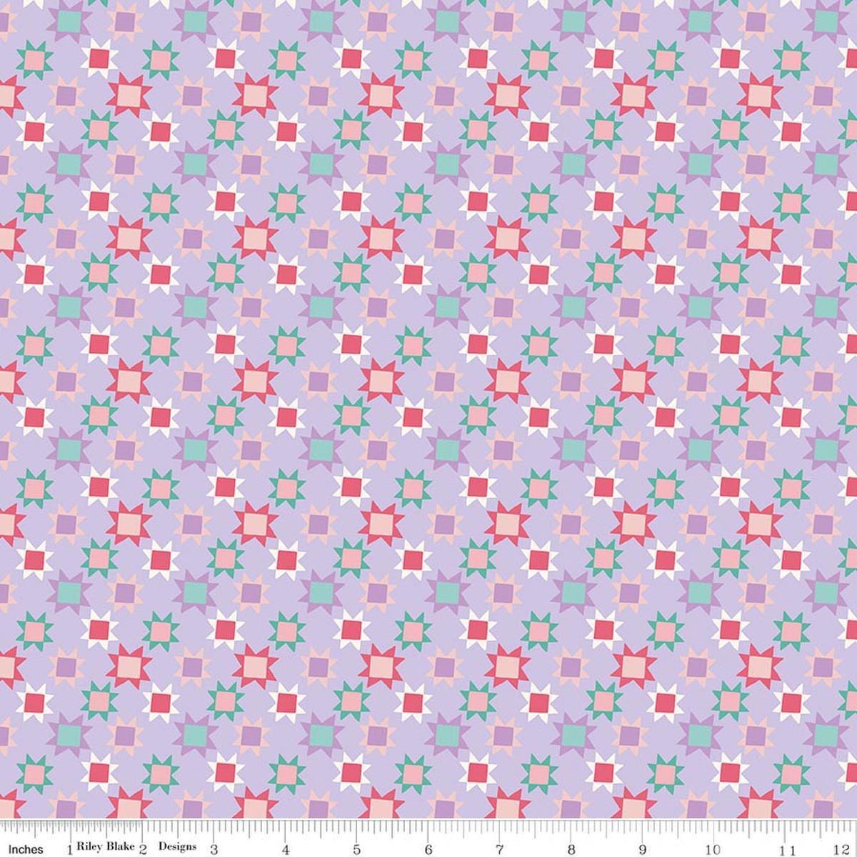 Image of Patchwork Stars Purple quilting cotton fabric by Liza Taylor for Riley Blake Designs. Features stars on a purple background. Cute Little Fabric Shop