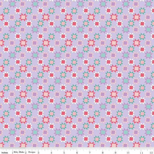 Image of Patchwork Stars Purple quilting cotton fabric by Liza Taylor for Riley Blake Designs. Features stars on a purple background. Cute Little Fabric Shop