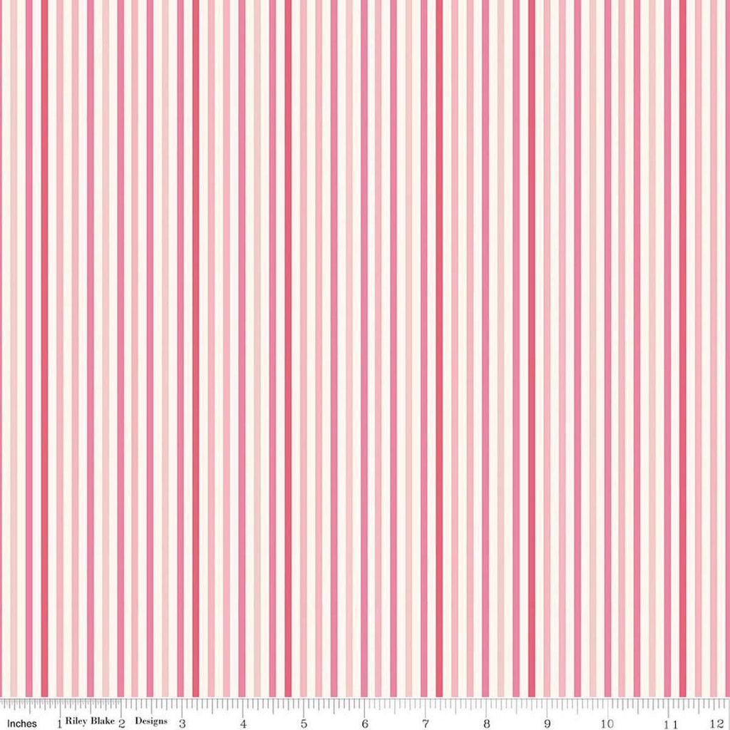 Image of Patchwork Stripes Pink quilting cotton fabric by Liza Taylor for Riley Blake Designs. Features stripes on a pink background. Cute Little Fabric Shop