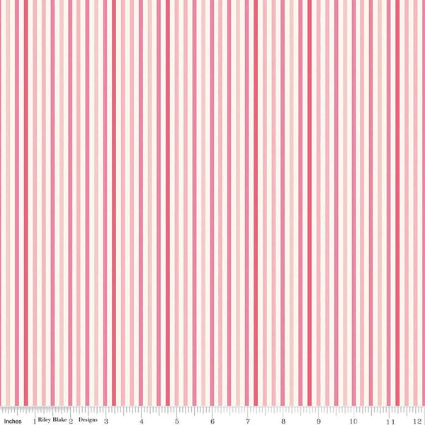 Image of Patchwork Stripes Pink quilting cotton fabric by Liza Taylor for Riley Blake Designs. Features stripes on a pink background. Cute Little Fabric Shop