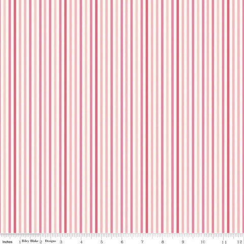 Image of Patchwork Stripes Pink quilting cotton fabric by Liza Taylor for Riley Blake Designs. Features stripes on a pink background. Cute Little Fabric Shop
