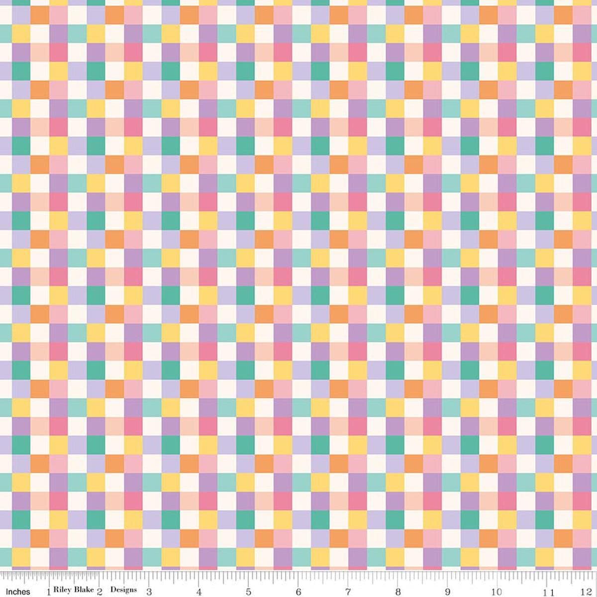 Image of Patchwork Checks Multi quilting cotton fabric by Liza Taylor for Riley Blake Designs. Features Squares on an orange background. Cute Little Fabric Shop