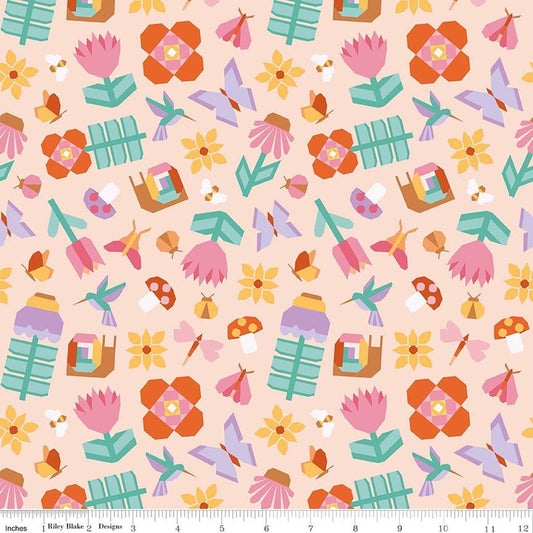 Image of Patchwork Main Peach quilting cotton fabric by Liza Taylor for Riley Blake Designs. Features nature on a peach background. Cute Little Fabric Shop