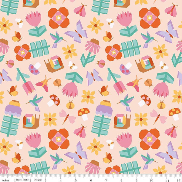 Image of Patchwork Main Peach quilting cotton fabric by Liza Taylor for Riley Blake Designs. Features nature on a peach background. Cute Little Fabric Shop
