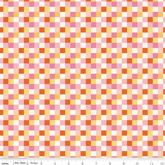 Image of Patchwork Checks Pink quilting cotton fabric by Liza Taylor for Riley Blake Designs. Features squares on an orange background. Cute Little Fabric Shop