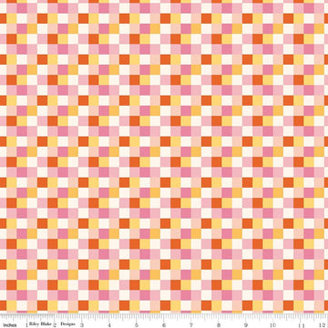 Image of Patchwork Checks Pink quilting cotton fabric by Liza Taylor for Riley Blake Designs. Features squares on an orange background. Cute Little Fabric Shop