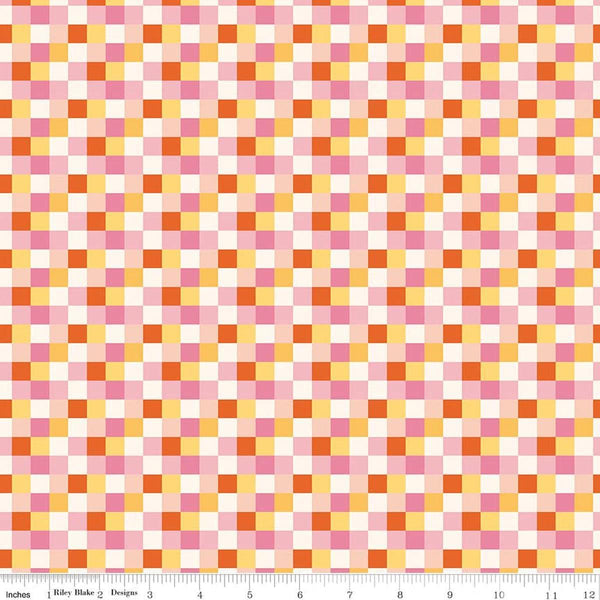 Image of Patchwork Checks Pink quilting cotton fabric by Liza Taylor for Riley Blake Designs. Features squares on an orange background. Cute Little Fabric Shop