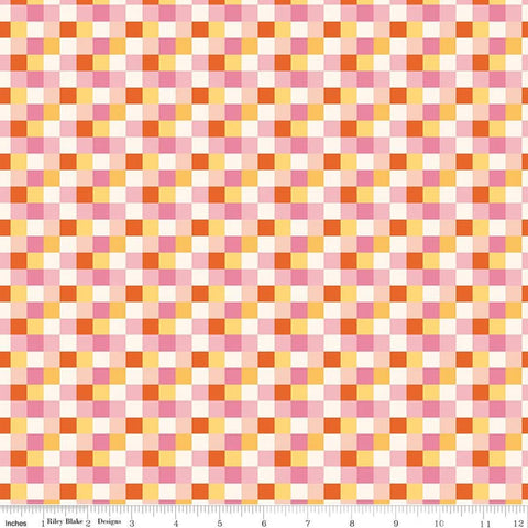 Image of Patchwork Checks Pink quilting cotton fabric by Liza Taylor for Riley Blake Designs. Features squares on an orange background. Cute Little Fabric Shop