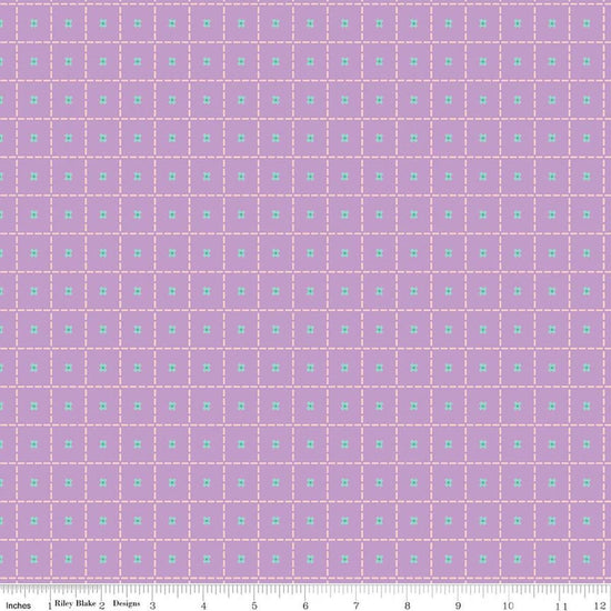 Image of Patchwork Stiches Purple quilting cotton fabric by Liza Taylor for Riley Blake Designs. Features squares on a purple background. Cute Little Fabric Shop