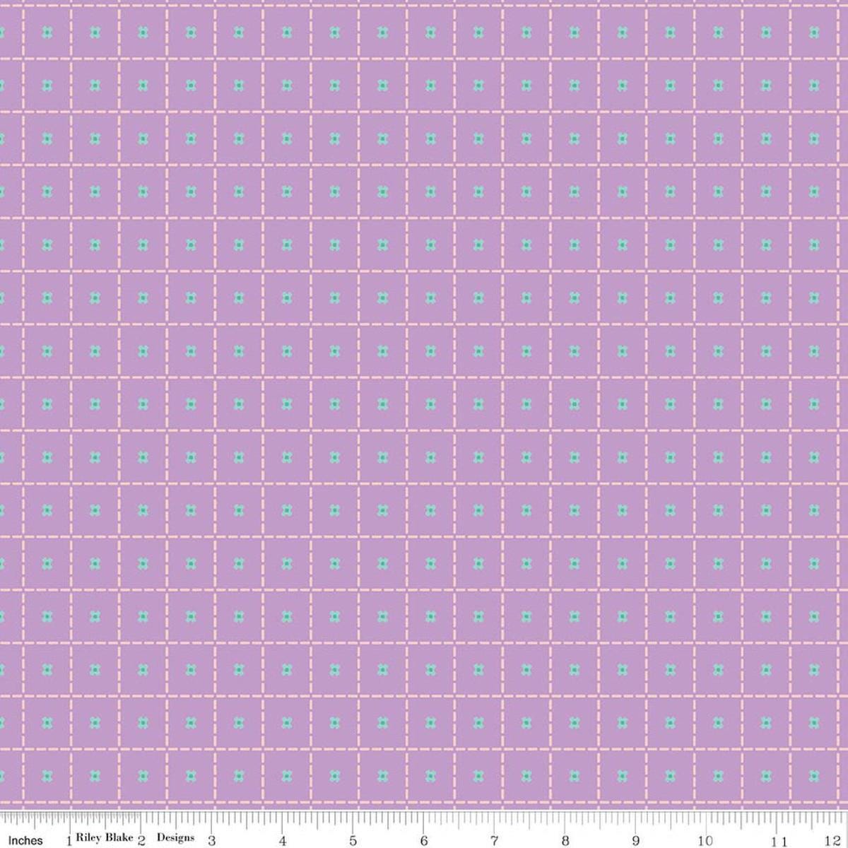 Image of Patchwork Stiches Purple quilting cotton fabric by Liza Taylor for Riley Blake Designs. Features squares on a purple background. Cute Little Fabric Shop